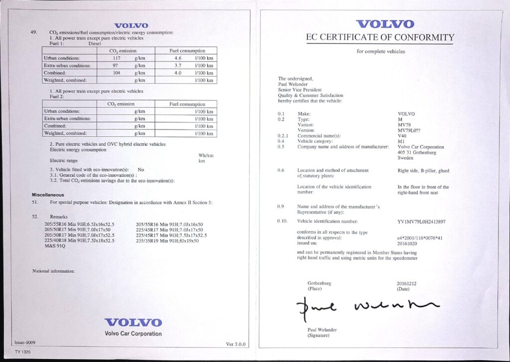 Certificate of Conformity (CoC) - Volvo esetén