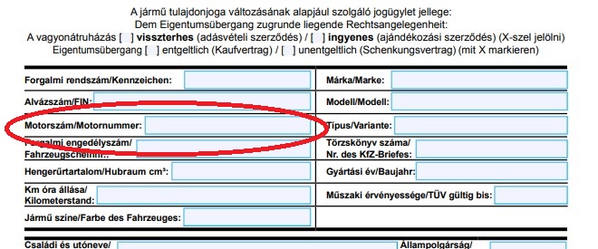 Motorszám - német-magyar kétnyelvű gépjármű adásvételi szerződés