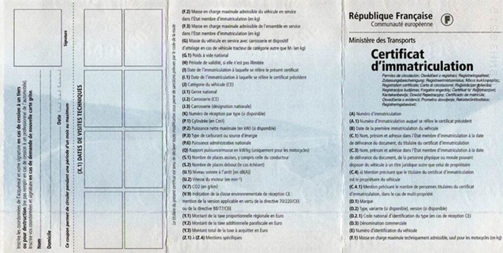 Francia forgalmi engedély (Certificat d'Immatriculation vagy Carte Grise)