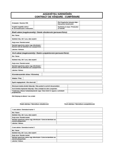 Letölthető román-magyar kétnyelvű magánszemélyek közötti gépjármű adásvételi szerződés (PDF, szerkeszthető word dokumentum és JPG nyomtatható képfájl formátumban)